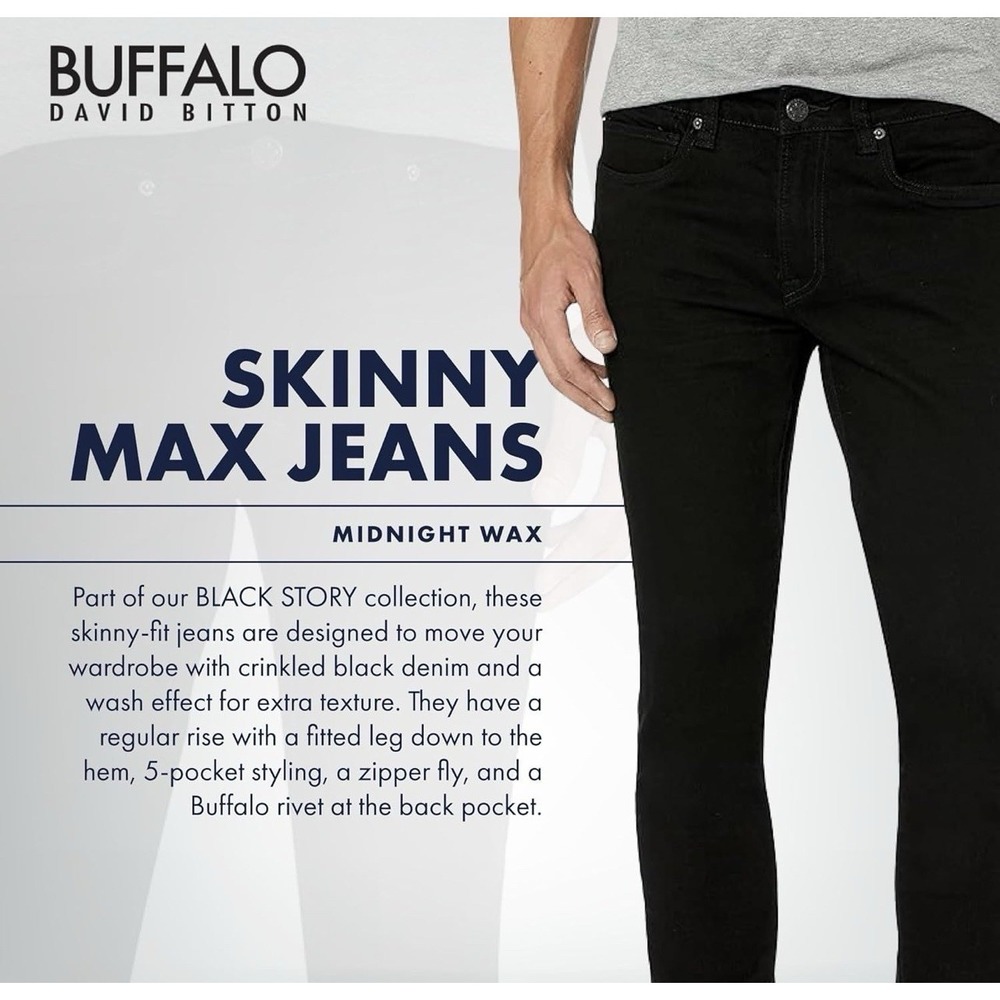 Buffalo David Bitton Skinny Max 33X32 Black Midnight Wax Classic Cowboy Jeans - Picture 4 of 16